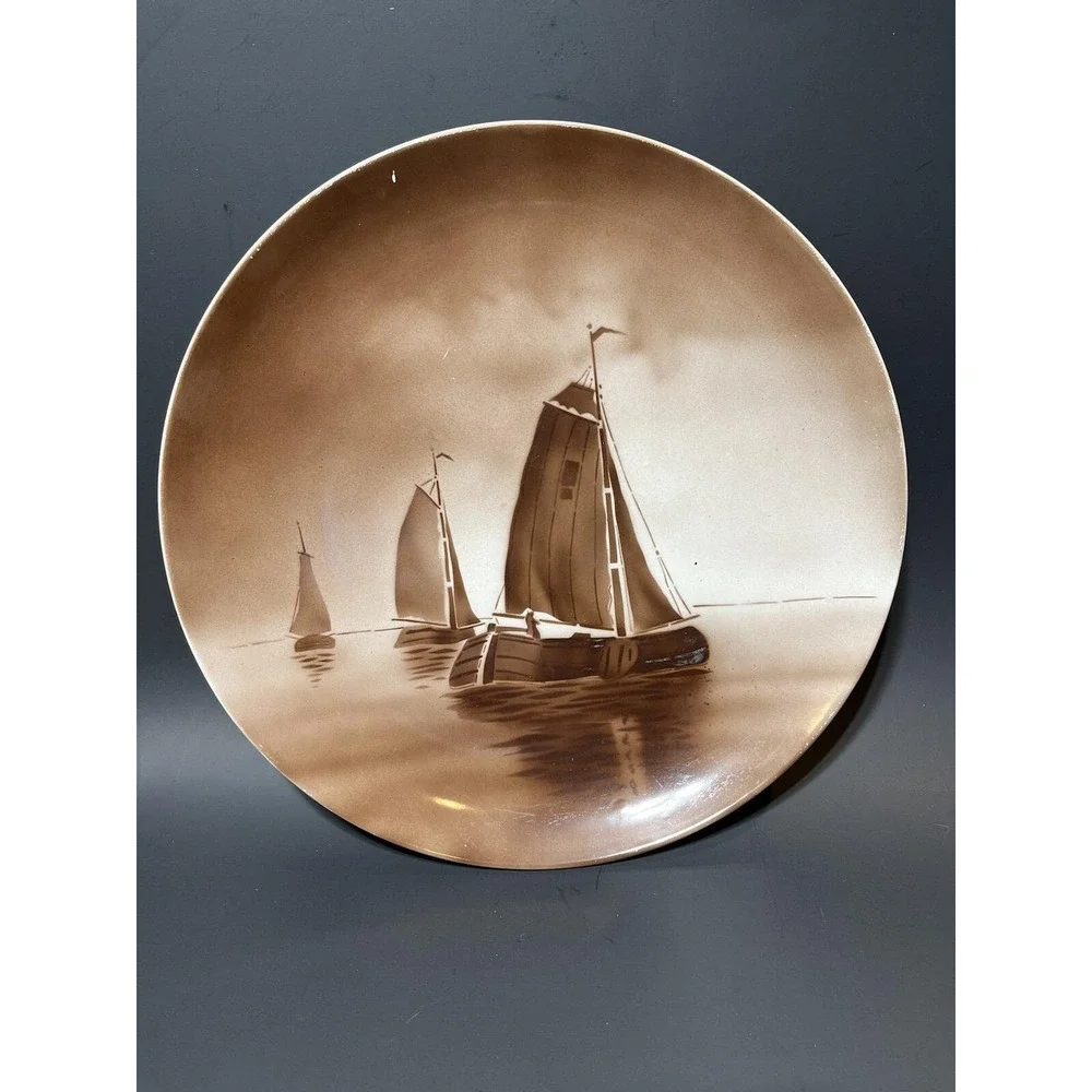 Société Céramique pre-1958 Maestricht Sepia Plate Sailboats Ships Holland 13